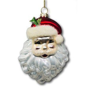 Holiday Lane Santa Claus Head Glass with Holly Leaves Christmas Ornament